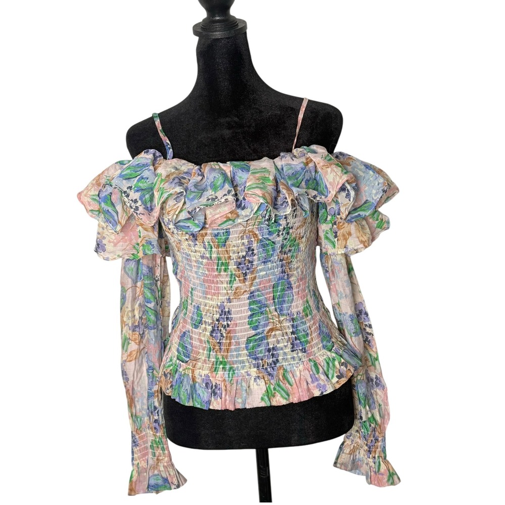 Gracia Smocked Floral‎ Cold Shoulder Top Size S Ruffles Coquette Romantic